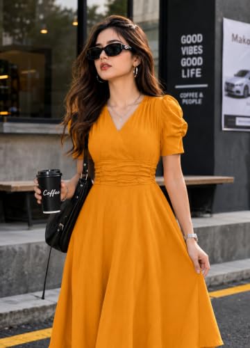 Image of Preneum Girl's & Women's Solid Color V-Neck A-Line Maxi Dress for Women | New Year Party Outfit | Waist Cinched Puff Sleeve Western | Elegant Casual Wear (Availble in Plus Size)