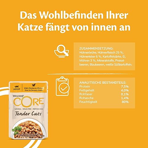 Wellness CORE Tender Cuts 6 x 85g, Hühnchen Selection Mix – Nassfutter für Katze, zarte Stücke in Sauce, getreidefrei, natürlich, hypoallergen, proteinreich, hoher Fleischanteil