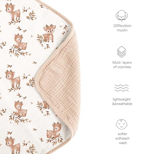 Image of Konssy Muslin Baby Blankets, Super Soft 100% Cotton Crib Blanket | Soft Lightweight Nursery Swaddling Wrap for Girls Boys, Infant Toddler, 40 X 36 In, Deer