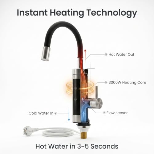Image of Stainless Steel Thermostat Instant Water Heating Faucet with Touch Control Panel Tap with Adjustable Water Flow & Temperature Modern Sink Tap with Flexible Spout for Kitchen Basin