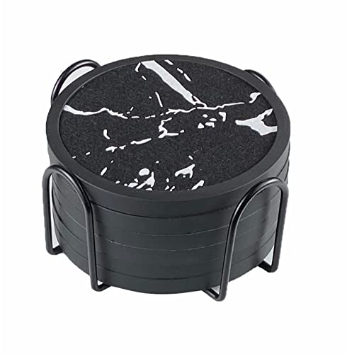 Absorbent Coasters for Drinks with Holder - 6packs, Silicone Coaster with Soft Felt Insert (4.3 inch Coasters with 4.5 inch Holder, Marble Pattern)