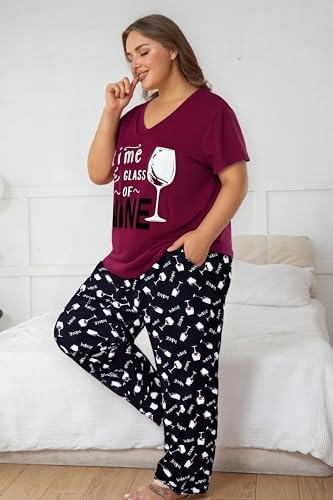 Image of Vozanet Women's Pajama Sets Short Sleeve with Long Pant Soft Sleepwear Printed pj Loungewear With TWO Pockets Size 1X to 5X