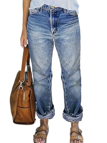 Flamingals High Rise Straight Leg Wash Roll Hem Stylish Trendy Chic Jeans