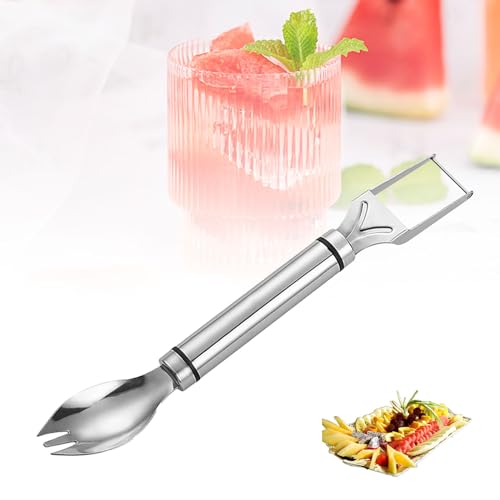 YEJAHY 1 pezzo 2 in 1 taglierina per frutta in acciaio inossidabile, taglierina per anguria a doppia testa, coltello da taglio per forchetta da frutta a doppia testa per casa, festa, campeggio