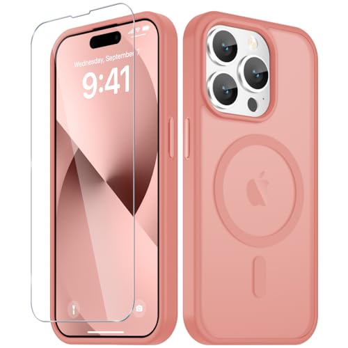 Image of YENAPOON for iPhone 14 Pro Case, Matte Magnetic Phone Cover [with 1 Screen Protector] [Support for MagSafe] [Shockproof Military Grade Protection] Translucent Frosted Back, Pink