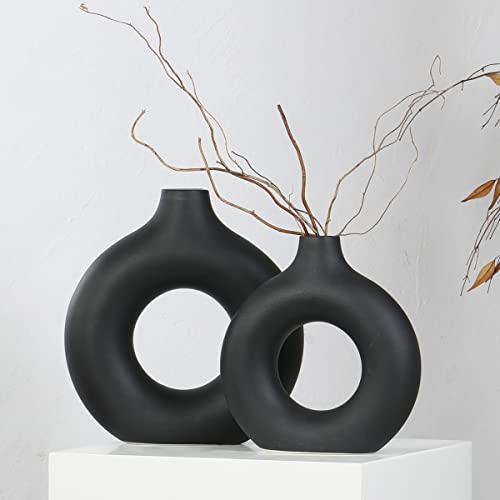 Janxvii Black Vases Home Decor - Ceramic Flower Vase Set 2 - Pampas Grass Vase Boho Decor For Living Room Coffee Table Shelf Entryway Decorative - Minimalist Modern Pottery Aesthetic Centerpiece #TOP29