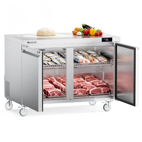 Image of Coolski Commercial Worktop Undercounter Refrigerator, 48 inch W Double Door Commercial Under Counter Fridge, 13.4 Cu.ft. Stainless Steel Fan Cooling Refrigerator for Restaurant, Bar, Shop, Kitchen Use