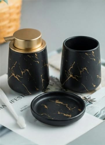 Image of Ceramic Bath Accessories Set of 3 (Luxe Black) - 400ml Soap Dispenser, Tumbler & Soap Dish, Black with Gold Marble Design, Bathroom Countertop Organizer for washbasin