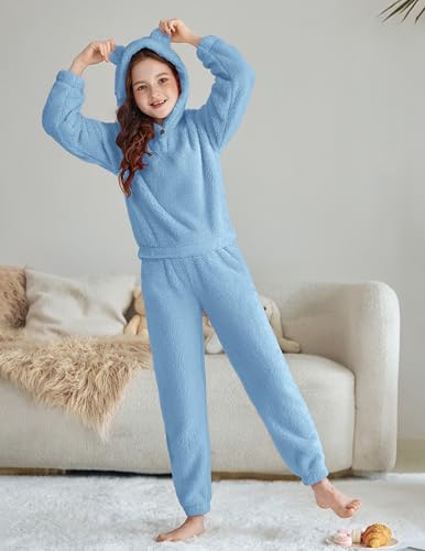 Image of Arshiner Girls 2 Piece Outfits Sweatsuit Fuzzy Long Sleeve Bear Ear Hoodie Sweatshirt and Sweatpant Kids Clothing Sets