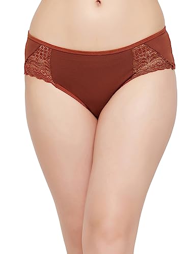 Image of Clovia Women's Cotton Mid Waist Hipster Panty with Lace Panels in Brown