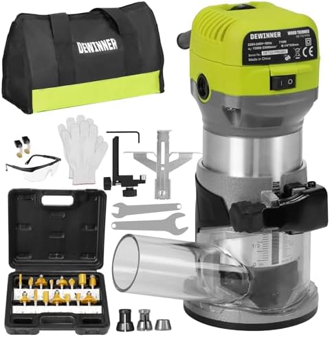 DEWINNER Compact Wood Router, 6.5-Amp 1.25 HP Trim Router Tool with 6 Variable Speeds (13000-33000 RPM), Edge Guide & 15pcs 1/4" Router Bits Set