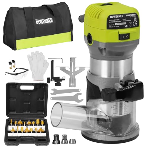DEWINNER Fresadora De Madera Rebajadora Eléctrica 710W 13000-33000 RPM, 6 Velocidades Variables, Pinza De Base Fija De 1/4''/6/8MM,Con Bolsa de lona, con 15PCS 1/4'Juego de Brocas para Madera