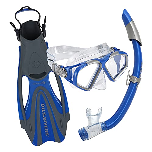 U.S. Divers Cozumel DX Seabreeze Adult Snorkeling Combo Set with Adjustable Mask, Snorkel, and Medium Fins (Men's 8-9.5/Women's 9.5-11),Blue/Silver,SR2594016ML