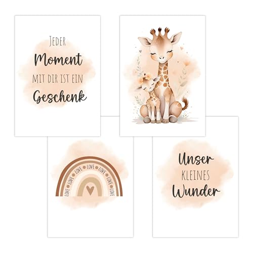 4er Set Baby DIN A4 Bilder mit Giraffe, Regenbogen und Sprüchen, Poster...