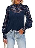 DOROSE Sexy Tops for Women Date Night Party Lace Mesh Shirt Comfy Dressy Casual Blouses Dark Blue L