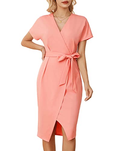 Women's Short Sleeve V Neck Tie Waist Midi Pencil Dress Split Office Cocktail Party Wedding Guest Dress Light Pink Xl #TOP8