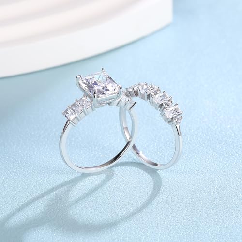 VOLUKA Solid 925 Silver CZ Promise Ring Set White Gold Plated Cubic Zirconia Wedding Engagement Ring For Women Trendy Rectangular Cut Ring2
