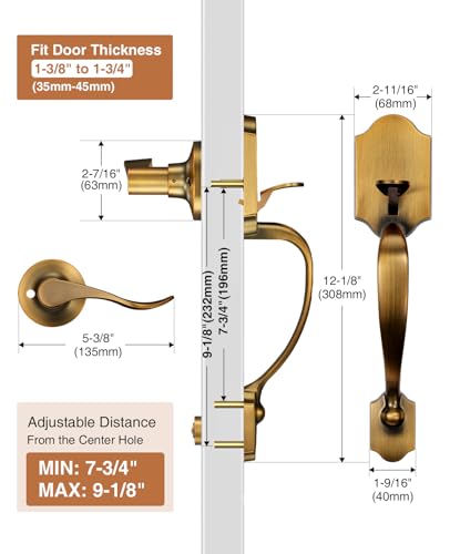 Image of Brightify Antique Brass Front Door Handle No Lock, Classic Exterior Door Handle, Entry Door Handle Reversible for Left & Right Hand Doors