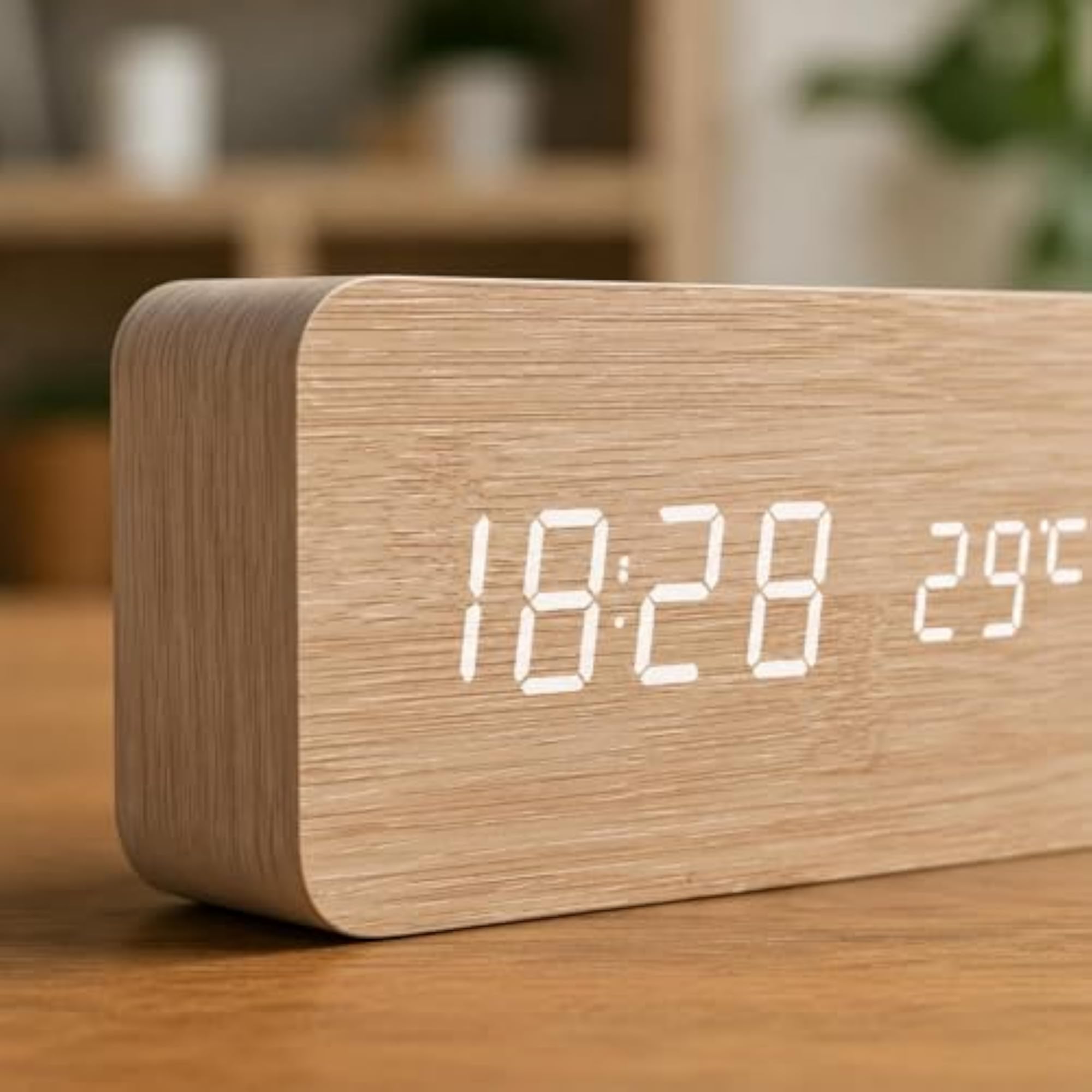Multifunction Wooden Digital Alarm Timepiece, Bamboo Finish