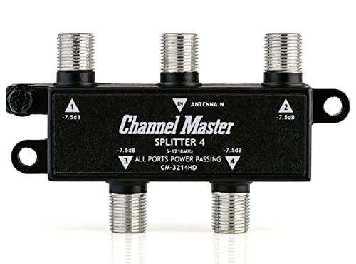 Channel Master Splitter 4 | 4-Way Splitter Distributes Digital HDTV Antenna Signal to 4 TVs, One Input and Four Outputs, Power Passing for Preamplifiers and Boosters, Low-Loss Design, Indoor/Outdoor