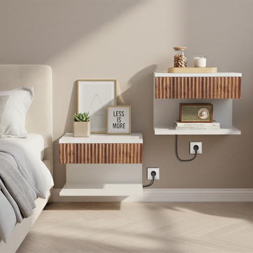 ALTUVA - Floating Nightstand Set of 2 with Charging Station – Modern White Wall Mounted Bedside Tables with Walnut Fluted Drawers – Mid Century Nightstands for Bedroom, Small Spaces, Retro MCM Style