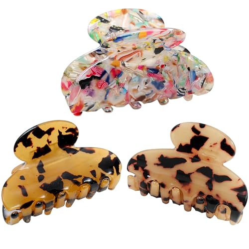 Medium Hair Claw Clips for Women – Tortoise Shell & Leopard Print Claw Clips for Thin Thick Hair | Celluloid Jaw Clamps | Hair Accessories for Girls 3Pcs