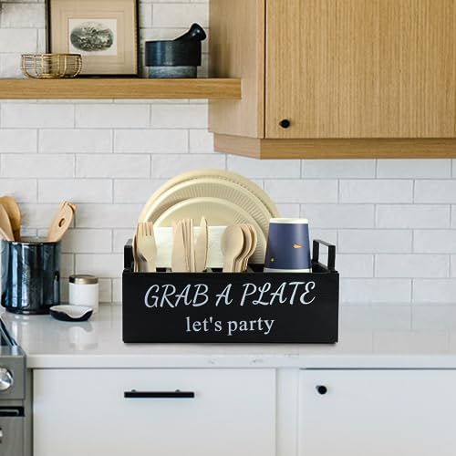 Paper-Plate-Holder-Utensil-Caddy-Organizer-Wood-Paper-Plate-Dispenser-Silverware-Caddy-Holder-and-Disposable-Coffee-Bar-Accessories-Box-for-Kitchen-Counter-Party-Camping-Picnic-6-compartment Paper Plate Holder Utensil Caddy Organizer Wood Paper Plate Dispenser Silverware Caddy Holder and Disposable Coffee Bar Accessories Box for Kitchen Counter Party Camping Picnic 6 compartment