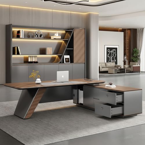 Image of Lakdi The Furniture Co Luxury Director Table with Curved Wooden Top, Integrated LED Accent Panel, Matte Grey Base & Premium Modern Executive Office Furniture - LDL-735
