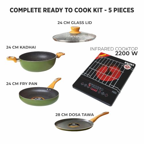 Image of BALTRA 2200W Infrared Cooktop Combo with 4-Piece Induction Cookware Set | Electric Cooking Stove with 7 Preset Modes | Auto Shut-Off | Glass Top | Ready-to-Use No Gas Solution