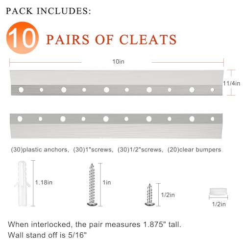 Image of French Cleat Hanger 10 Inch - 10 Pairs, Z Bar Hanger Supports 60 Lbs, Interlocking Wall Mounting Bracket Hardware Kit for Hanging Mirrors, Picture, Shelf, Whiteboard, Art, Frames