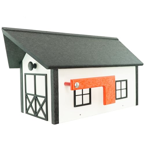 DutchCrafters Large Farmhouse Mailbox, Durable Plastic Barn Mailboxes for Outside, Post Mount Mail Box with Flag, Barnhouse Style - Amish Made in America (Black and White)