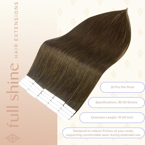 Image of Full Shine Hair Extensions Tape in, Medium Brown 12 Inch | 30g 20PCS, Remy Double Sided Human Hair Tape in Extensions Invisible Natural Seamless Skin Weft Extensions for Party