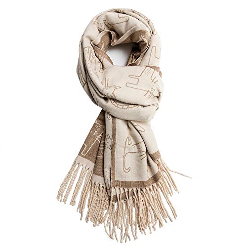 Women's Fringed Scarf Cat Print Pattern Cape Winter Cashmere Feel Shawl Warm Wrap