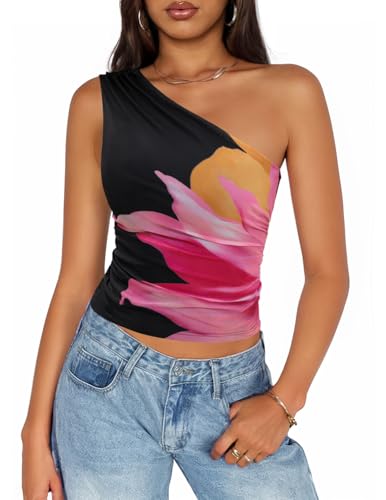 ZESICA Womens Going Out Tank Top Summer Floral Off Shoulder Slim Fit Y2K Crop Tops Beach Vacation Outfits