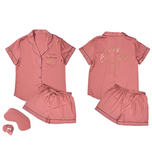 Image of MI X TEE 4Pcs Bride Pajama Summer Silk Pajamas for Team Bride Short Sleeve Shorts PJS Matching Pajamas with Bridesmaid