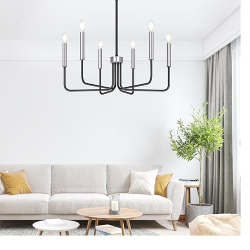6-Light Farmhouse Chandelier for Dining Room Lighting Fixtures Hanging, Black and Silver Dining Light Fixtures Industrial Chandelier for Bedroom, Foyer, Hall, Kitchen, Living Room and Entryway