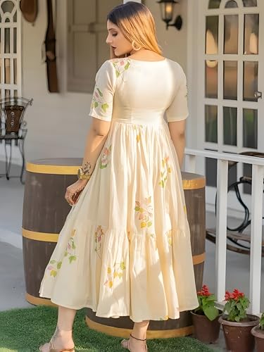 Image of Women's Cotton Printed Fit & Flare Midi Dress with Round Neck - Casual Wear Dress