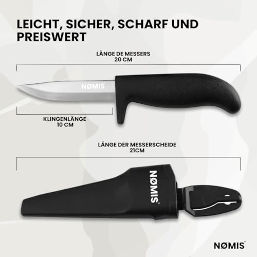 NØMIS Angelmesser Fischermesser | 10 cm Edelstahlklinge | Ideal auch als Gartenmesser oder Schnitzmesser | Outdoor Messer mit Köcher | Arbeitsmesser | Robust, scharf und preiswert