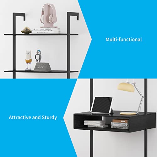 Horgaeo 3-Shelf Wood Modern Bookcase, Open Wall Mount Ladder Bookshelf With Iron Metal Frame, Tall Industrial Space Saving Ladder Shelf For Bedroom Dining Room Kitchen Bathroom Office Home Apartment #TOP4