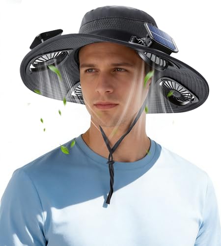 MOWETOO Solar-Lüfterhut mit 4 abnehmbaren Lüftern Angelhut mit breiter Krempe für Damen und Herren USB-Aufladung Sonnenhut für Outdoor-Aktivitäten wie Wandern Gartenarbeit und Angeln