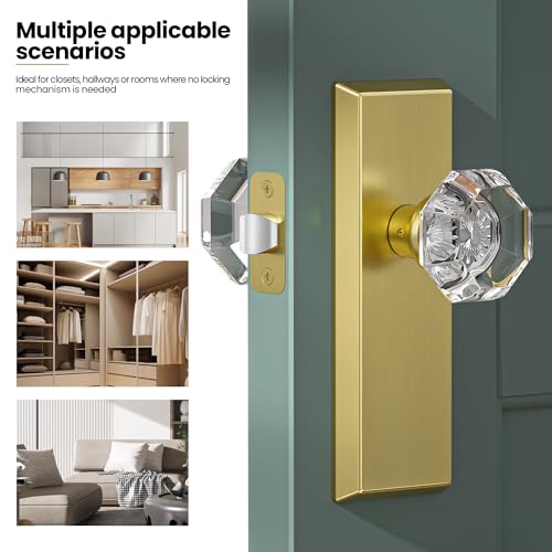 Image of Glass Door Knobs for Interior Doors - Vintage Crystal Passage Closet & Hallway Door Knob - Diamond Cut Door Handle - Brushed Bold Finish (1 Pack)