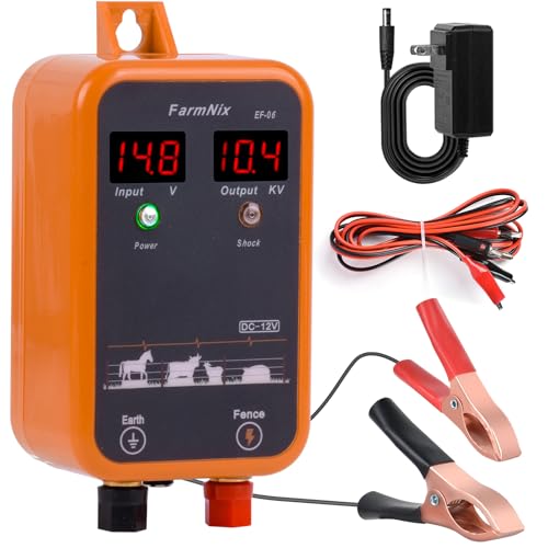 FarmNix 10KV Electric Fence Charger with LED Indicator 5 Miles Electric Fence 1 Joules Pulse Energy Waterproof Electric Fence Kit Suitable for Farm Animals Pets Poultry Ranches and Gardens