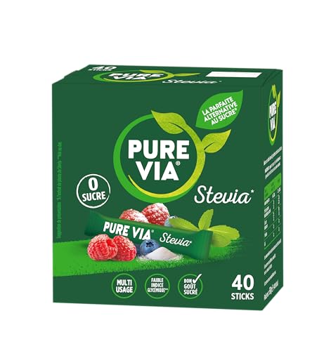 PURE VIA - Boîte 40 sticks - Stevia Poudre - Zéro Calorie