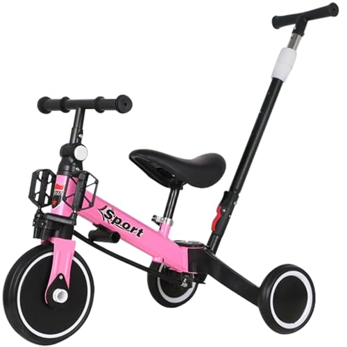 Triciclo 5 en 1, bicicleta de equilibrio triciclo infantil de 1,5 a 4 años con barra de empuje, bicicleta de equilibrio y función de bicicleta, ruedas EVA, marco de acero robusto/Rosa