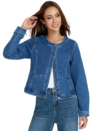 LifeShe Cropped Denim Jacket for Women Stretch Collarless Jean Jackets Slim Fall Crop Shacket Tendy