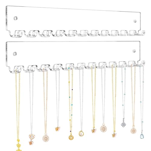 Paquete de 2 colgadores para collares, soporte acrílico transparente de 11,8x1,18 pulgadas, organizador de pared para joyas con 12 ganchos, diseño de fácil montaje | Exhibidor de almacenamiento para c