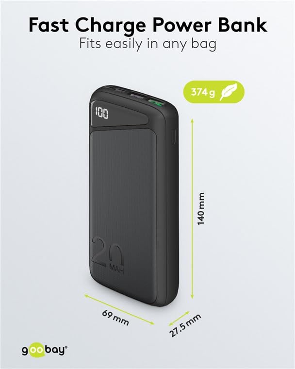 Goobay 53939 QC 3.0 Powerbank 20.000 mAh con funzione di ricarica