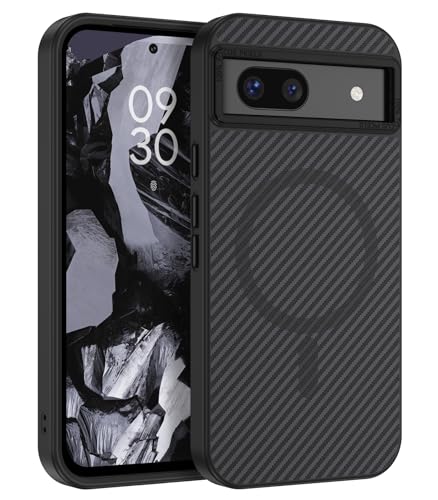 BENTOBEN Funda Magnética para Google Pixel 8a[Compatible con Magsafe]Carga Inalámbrica Carcasa Google Pixel 8a Funda Patrón de Fibra de Carbono Protección Grado Militar Anti-Arañazos Anti-Golpes-Negro