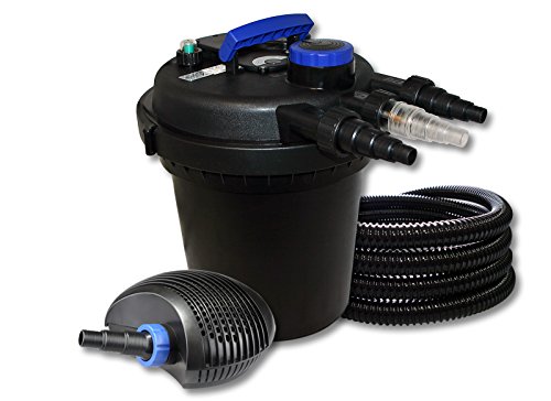 SunSun Kit complet: CPF-250 Filtre de bassin à pression jusqu’à 10000 L avec 11W lampe uv, CTF-3800 SuperECO pompe de filtration 3600l/h 20W, 25m Tuyau 25 mm (1)