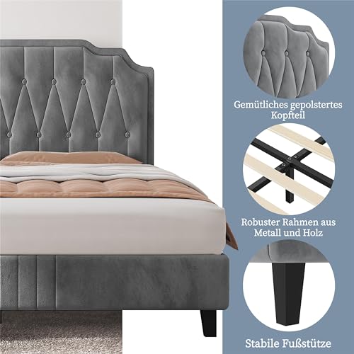 Yaheetech Polsterbett Doppelbett 140 × 200 cm Stoffbett Bettgestell Gepolstertes Bett mit höhenverstellbarem Kopfteil Bettrahmen mit Lattenrost, Hellgrau
